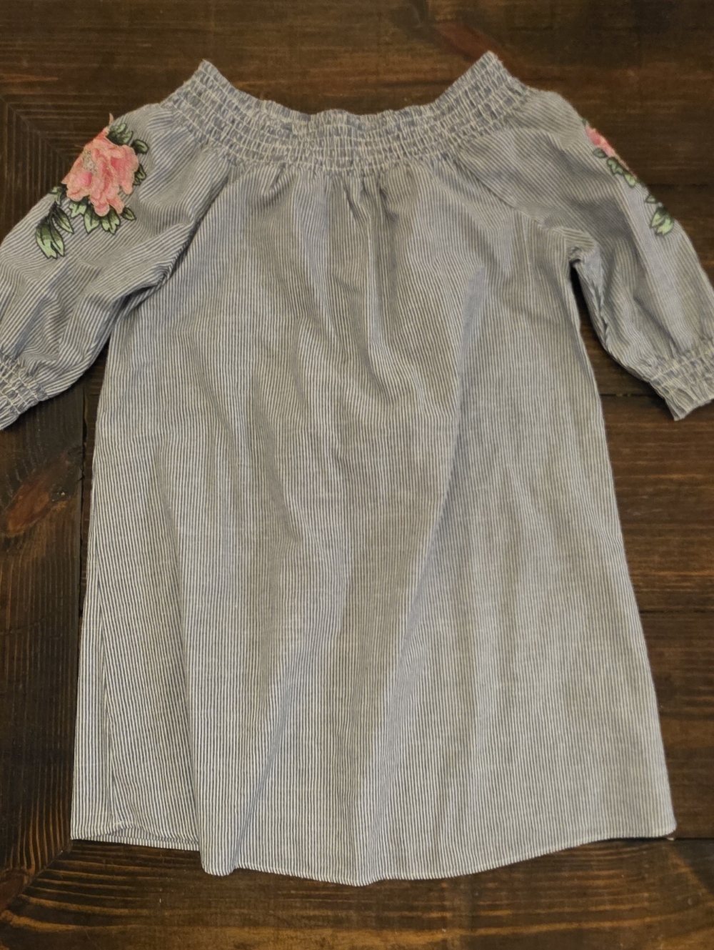 Mlle Gabrielle Blue Stripe Off-Shoulder Dress with Pink Floral Sleeves